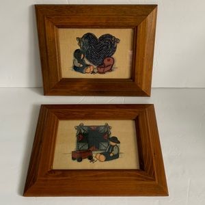VTG Framed Art Diane Swanson 1987 Folk Art Amish  Doll Quilt Wagon Heart Cradle